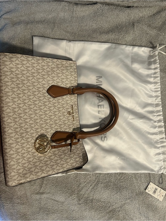 Michael Kors Handbags - Michael Kors Cream Logo Satchel with Brown Trim and Gold Hardware